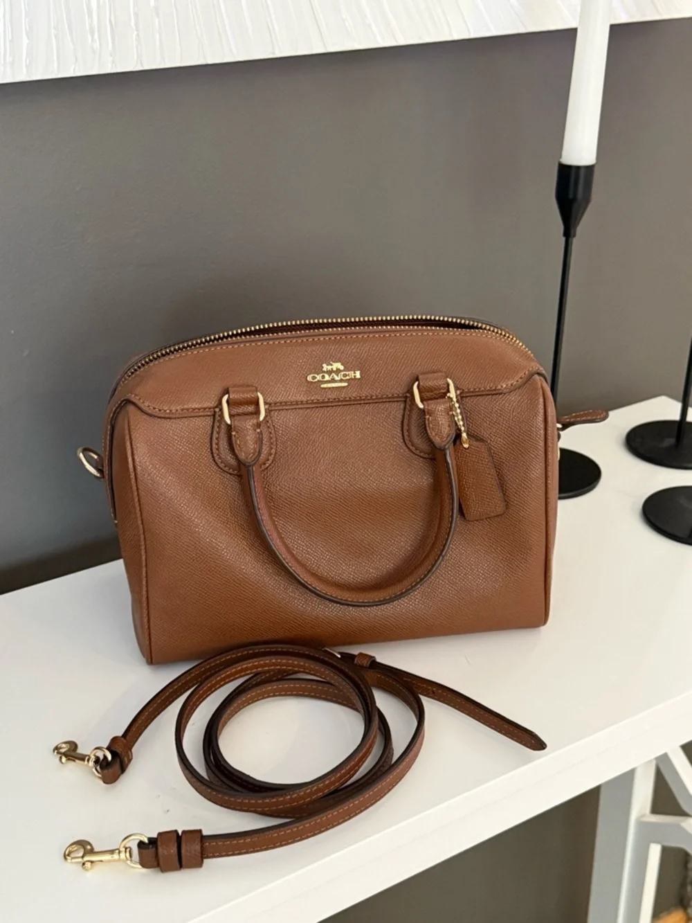 Coach Rowan (mid size) in a tan/Carmel color with gold hardware. Used twice. - Picture 2 of 5